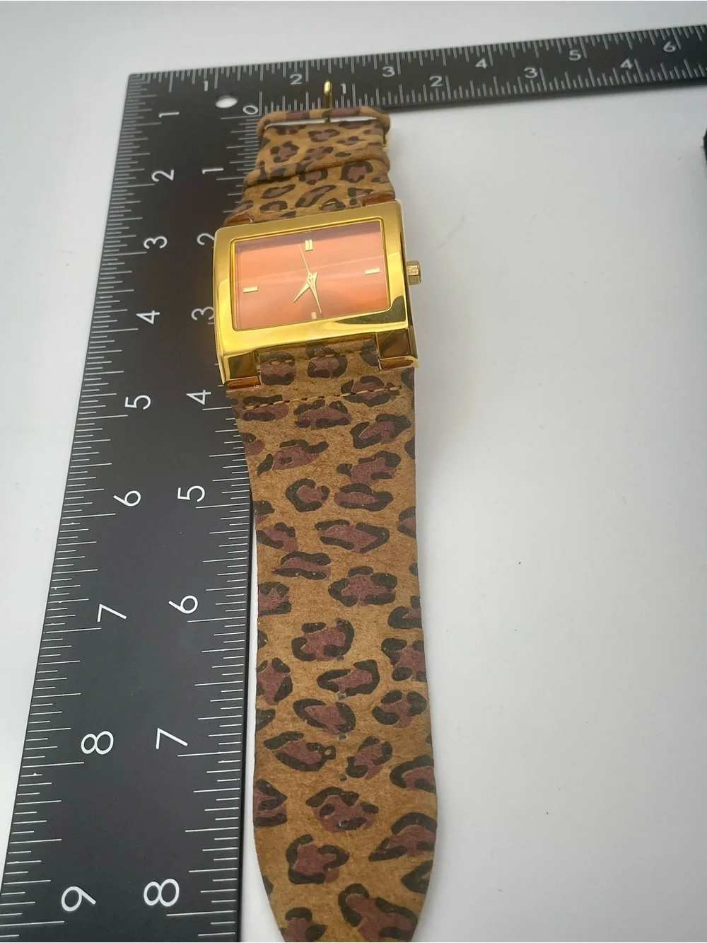 Joan Rivers Gold-Tone Rectangular Watch with Leopard Brown Leather Band. Sz.8
